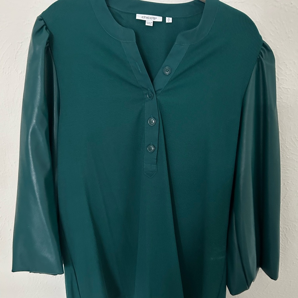 Chico's Deep Green Button-Up Blouse Teal. Faux leather sleeves.